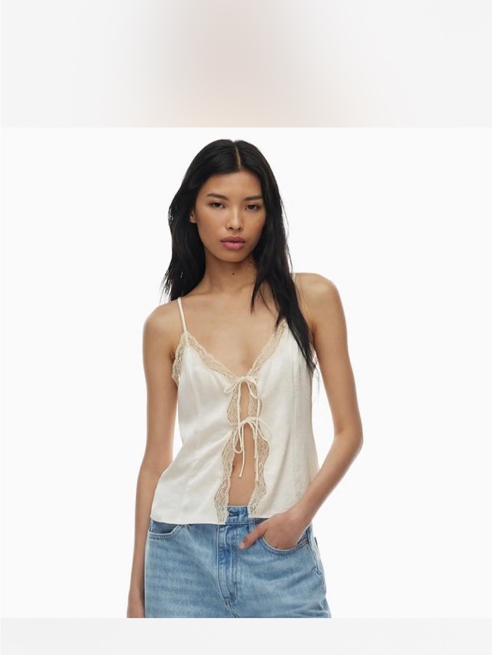 Aritzia Cream Lace-Trim Tie-Front Cami